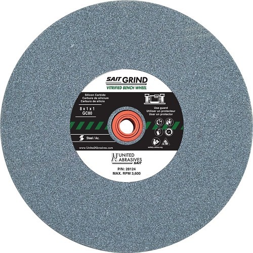 United Abrasives SAIT® 28123 Bench Grinding Wheel, 8 in Wheel Dia, 1 in Wheel Thickness, 1 in Center Hole, Silicon Carbide Abrasive