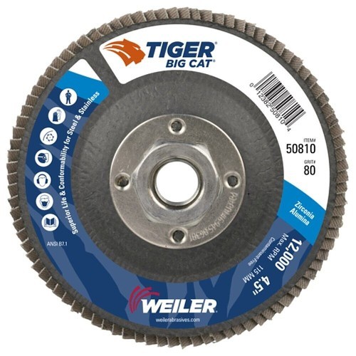 Weiler® 50810 Abrasive Flap Disc, 4-1/2 in Disc Dia, 5/8 in Center Hole, 80 Grit