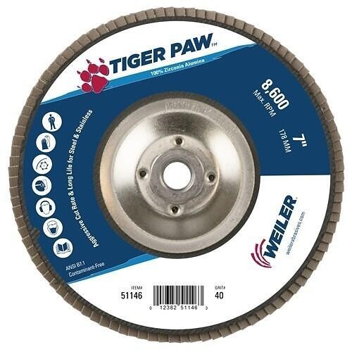 Weiler® 51146 Flap Disc, 7 in Disc Dia, 5/8-11 Center Hole, 40 Grit, Zirconia Alumina Abrasive, Type 29 Conical Disc