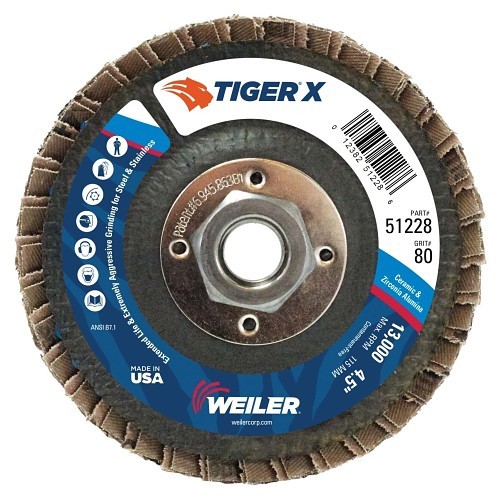 Tiger® X 51228 Standard Density Coated Abrasive Flap Disc, 4-1/2 in Dia Disc, 80 Grit, Medium Grade, Zirconia Alumina/Ceramic Alumina Abrasive, Type 27 Flat Disc