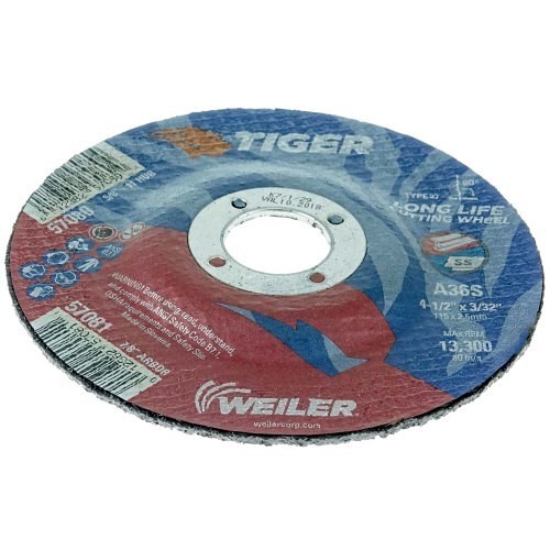 Weiler® Tiger® 57081 Cut-Off Wheel, 4-1/2 in Wheel Dia, 3/32 in Wheel Thickness, 7/8 in Center Hole, 060 Grit, Aluminum Oxide Abrasive