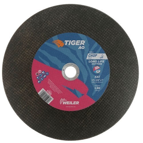 Weiler® Tiger® 57092 Cut-Off Wheel, 14 in Wheel Dia, 3/32 in Wheel Thickness, 1 in Center Hole, 036 Grit, Aluminum Oxide Abrasive