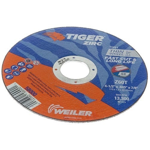 Weiler® Tiger® 58000 Cut-Off Wheel, 4-1/2 in Wheel Dia, .045 in Wheel Thickness, 7/8 in Center Hole, 060 Grit, Zirconia Alumina Abrasive