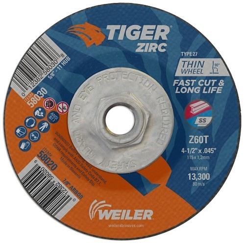 Weiler® Tiger® 58030 Cut-Off Wheel, 4-1/2 in Wheel Dia, .045 in Wheel Thickness, 5/8-11 UNC in Center Hole, 060 Grit, Zirconia Alumina Abrasive