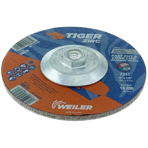 Weiler® Tiger® Zirc 58078 Depressed Grinding Wheel, 4-1/2 in Wheel Dia, 1/4 in Wheel Thickness, 5/8-11 in Center Hole, 24 Grit, Zirconia Aluminum Oxide Abrasive
