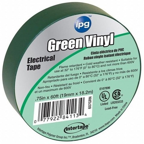 ipg® 607GRN Electrical Tape, 60 ft Length, 3/4 in Width, 7 mil Thickness, Vinyl Material, Rubber Adhesive, PVC Film Backing, Green