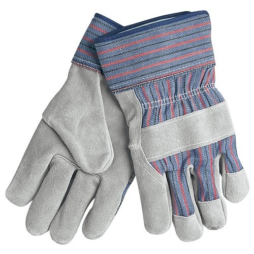 MCR Safety 1300-M Work Gloves, Gunn Glove Type, Wing Thumb, Medium, #8, Cowhide Leather Palm, Blue/Red/Black Stripe, Safety Cuff Cuff, Uncoated, Fleece