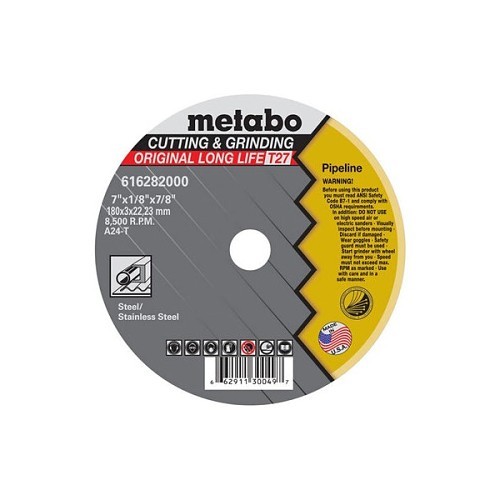 metabo® 616281420 Pipeline Wheel, 4-1/2 in Wheel Dia, 1/8 in Wheel Thickness, 7/8 in Center Hole, A24T Grit, Aluminum Oxide Abrasive