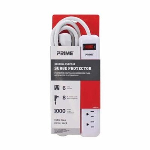 PRIME® PB802126 General Purpose Surge Protector With 8 ft Cord and Low Profile Plug, 125 VAC, 15 A, 6 Outlets, 8 ft L Cord, Wall Mount