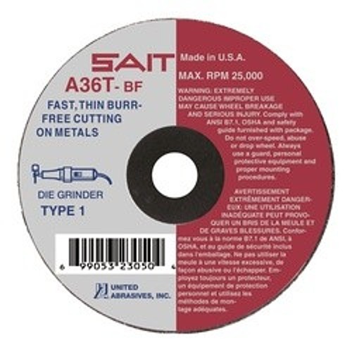 SAIT® 23052 Thin High Speed Cut-Off Wheel, 3 in Dia x 0.035 in THK, 1/4 in Center Hole, A36T Grit, Aluminum Oxide Abrasive