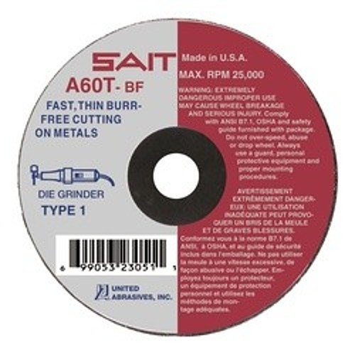 SAIT® 23043 Thin High Speed Cut-Off Wheel, 3 in Dia x 1/16 in THK, 1/4 in Center Hole, A60T Grit, Aluminum Oxide Abrasive