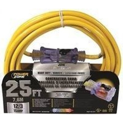 Extension Cord, Heavy Duty SJTOW, 25 ft Cord, 3 Conductors, 12 AWG Conductor, Yellow
