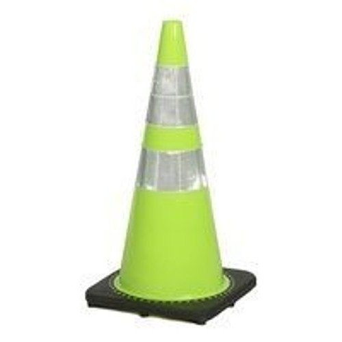 Traffic Cone, Reflective Striped Peabody, 28 in Height, Bright Lime Cone, 7 lb Weight