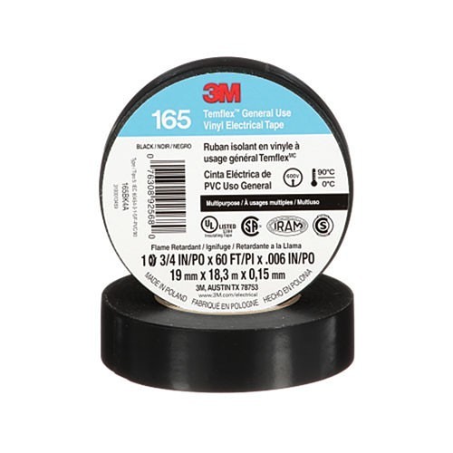 3M™ Temflex™ 405-076308-92568 Electrical Tape, 60 ft Length, 3/4 in Width, 6 mil Thickness, Rubber Resin Adhesive, PVC Backing, Black