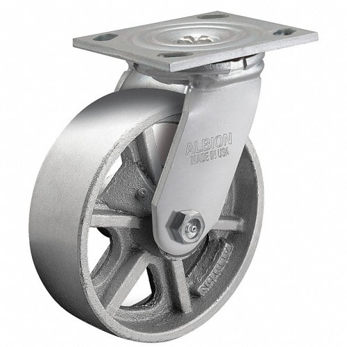 Albion Casters 16CA05201S Caster Wheel, 1250 lb, 5 in Wheel Dia, 2 in Wheel Width, Cast Iron Wheel, 4 x 4 1/2 in Plate