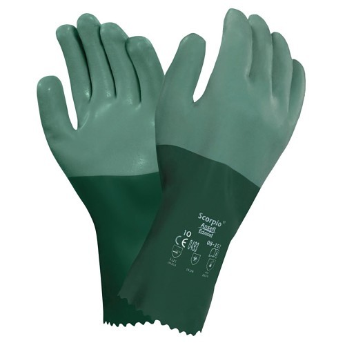 Ansell Scorpio® 012-8-352-10 Chemical Resistant Gloves, X-Large, #10, Green, Interlock Knit, 12 in Length, Gauntlet Cuff, Rough