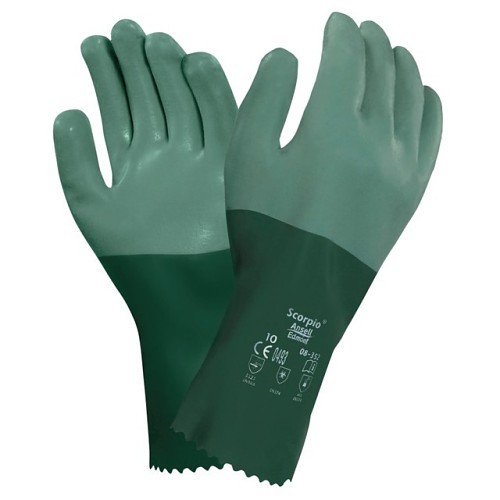 Ansell 012-8-354-10 Chemical Resistant Gloves, X-Large, #10, Interlock Cotton/ Neoprene, Green, Interlock Knit, 4 in Length, Resists: Liquid, Gauntlet Cuff, Rough