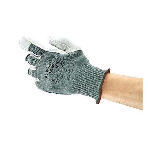 Ansell 70-765-10 Safety Gloves, X-Large, #10, Leather Coating, Knit Wrist Cuff, Resists: Abrasion, Cut, Heat, A ANSI Cut-Resistance Level, Gray