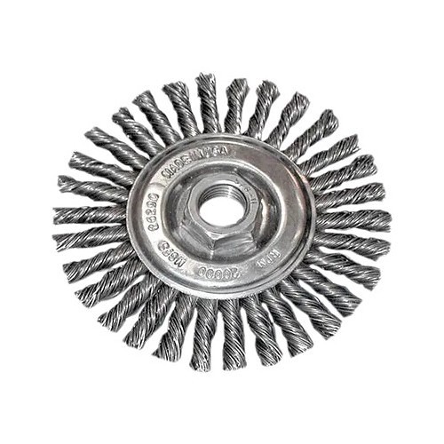 CGW® CGW49639 Wire Wheel Brush, 4 in Brush Dia, 5/16 in Face Width, 0.02 in Filament/Wire Diameter, Stringer Bead Knot Filament/Wire, 5/8 to 11 in Arbor Hole