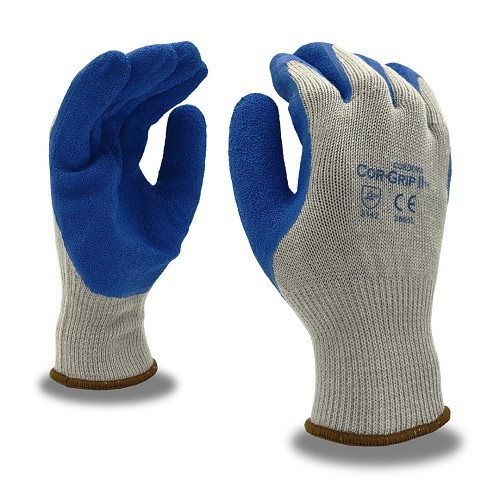 Cordova COR-GRIP™ 3896L General Purpose Gloves, Large, #9, Latex Palm, Spun Polyester Shell, Gray, Blue, Crinkle