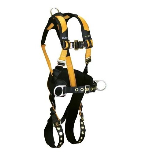 FallTech® FT7035FDL Harness, 4D Construction Climbing Full Body, L, 425 lb, Polyster Strap, Tongue Leg Strap Buckle, Mating Chest Strap Buckle, Aluminium, Brass Hardware, Yellow/Black
