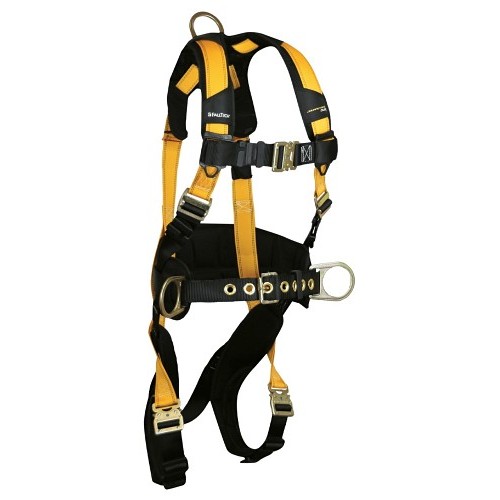 FallTech® FT7035QCM Harness, Medium, 425 lb, Polyster Strap, Quick Connect Leg Strap Buckle, Quick Connect Chest Strap Buckle, Aluminium, Brass Hardware, Yellow/Black