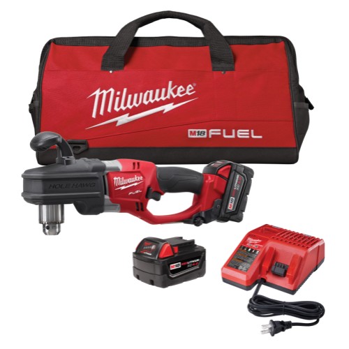 Milwaukee® M18™ FUEL™ 2707-22 Cordless Right Angle Drill Kit, 1/2 in Keyed Chuck, 18 VDC, 650 ft-lb Torque, 0 to 1200 rpm No-Load, 17 in OAL, Lithium-Ion Battery