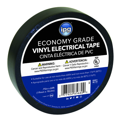 Intertape ipg® 602 Electrical Tape, 60 ft Length, 3/4 in Width, 7 mil Thickness, rubber Adhesive, PVC Backing, Black