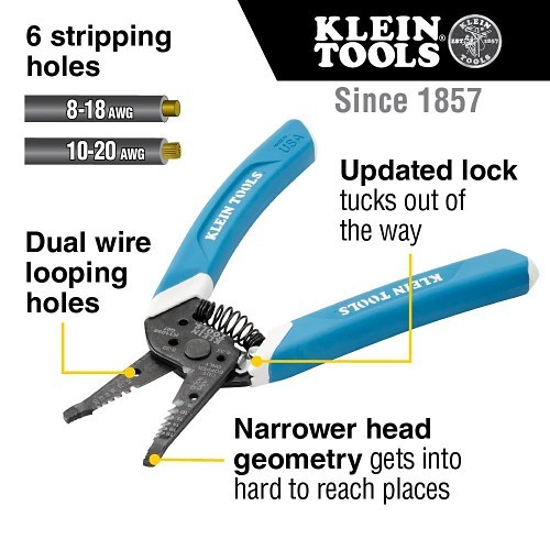 Klein® K11095 Cable & Wire Cutter, 20 to 8 AWG, 7-1/4 in Overall Length, 8-18 AWG Solid, 10-20 AWG Stranded For Wire Thickness, Yes Spring Return