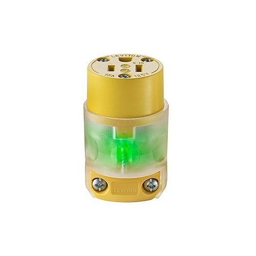 Leviton® 515CV-LIT Straight Blade Plug, 125 VAC, 15 A, 2 Pole, 3 Wires, Yellow/Transparent