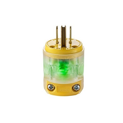 Leviton® 515PV-LIT Straight Blade Plug, 125 VAC, 15 A, 2 Pole, 3 Wires, Yellow/Transparent