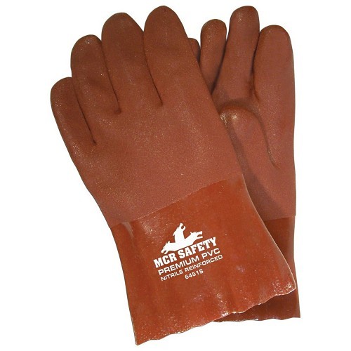 MCR Safety 6451S Heat Resistant Gloves, Large, #9, PVC, Red, Cotton Blend, Gauntlet Cuff, PVC, 10 in Length, Resists: Acids, Caustics