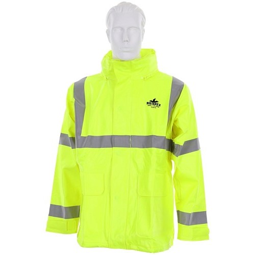 MCR Safety BJ238JHX2 Rain Jacket, R-Roadway and Temporary, 2X-Large, Fluorescent Lime, PVC, Resists: Arc Flash, Chemicals, Flame, ANSI Class3 High-Visibility, Attached Hood, 61 in Chest