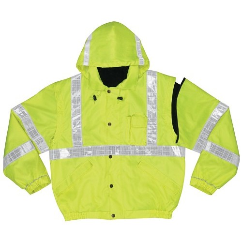 MCR Safety BPCL3LX3 Bomber Jacket, 4-in-1 Insulated, 3X-Large, Fluorescent Lime, Polyester, High-Visibility, Attached Hood Style, 58 in Chest Size