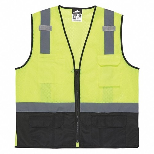 MCR Safety CL2MLSZXL-AEPLOGO High Visibility Safety Vest, X-Large, Lime Green, Polyester, Zipper Closure, 6 Pockets, ANSI Class: 2, Specifications Met: ANSI/ISEA 107, 26.62 in Chest