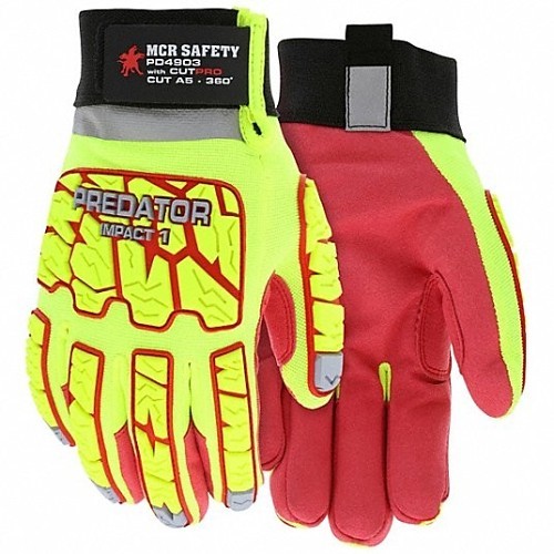 MCR Safety Predator® PD4903L Work Gloves, High Visibility, Large, #9, Synthetic Leather, Hook And Loop Cuff, Green/Red, 11-1/2 in Length