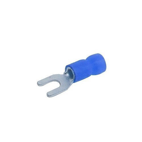 MORRIS 10138 Fork/Spade Terminal, 16 to 14 AWG Conductor, 1.122 in Length, Serrated Barrel, Vinyl Insulated/Copper Alloy Conductor, Blue