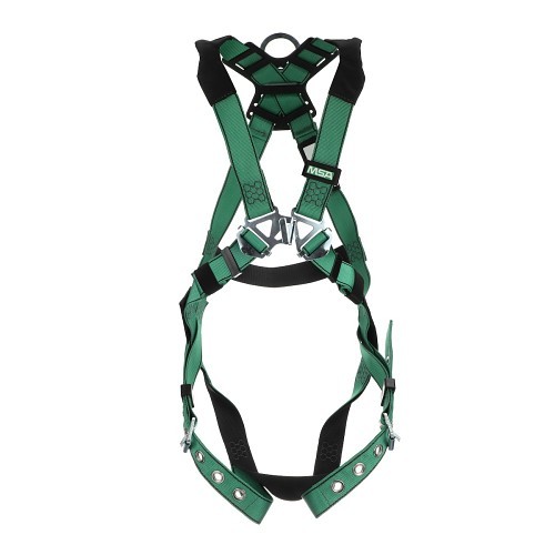 MSA Safety 10196642 Harness, Standard, 400 lb, Polyester Strap, Tongue Leg Strap Buckle, Quick Connect Chest Strap Buckle, Stainless Steel/Steel Hardware, Green