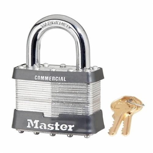 Master Lock® 3KALF Safety Padlock, Alike Key, Laminated Steel Body, 9/32 in Shackle Diameter, Pin Tumbler Locking Mechanism, Black Bumper