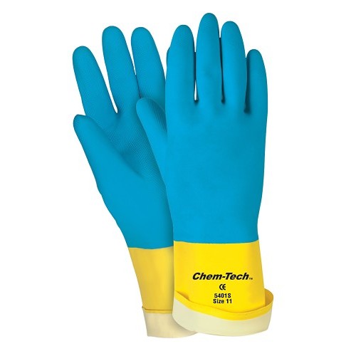 MCR Safety 5401S Chem-Tech™ Double Dipped Industrial Grade Chemical-Resistant Gloves With Black Logo, 2XL, Paired Hand, Latex, Blue/Yellow, Flock Lining, 13.47 in L, Resists: Abrasion, Chemical and Oil, Unsupported Support, Gauntlet/Straight Cuff, 23 mil THK