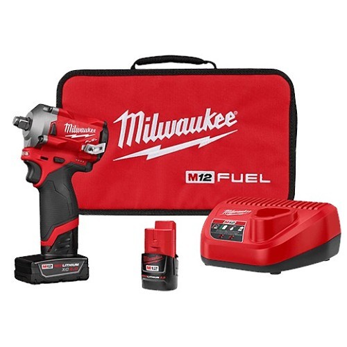 Milwaukee® 2555-22 Impact Wrench Kit, Standard Drive, 1/2 in Drive, 250 ft-lb Torque, 12 VDC, 4-7/8 in Overall Length, Battery Included: Yes