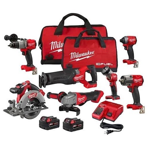 Milwaukee® 2998-27 Combo Kit, Circular Saw, Drill/Driver, Grinder, Impact Driver, Mid-Torque Impact Wrench, Reciprocating Saw, Work Light, 18 VDC