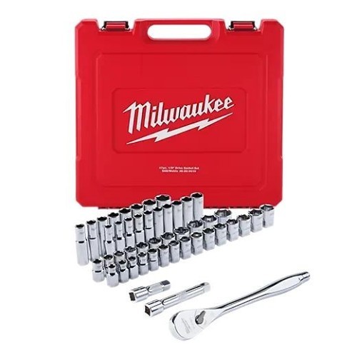 Milwaukee® 48-22-9010 Ratchet and Socket Set, No, Metric/SAE, 6 Points, 1/2 in Drive, 47 Piece