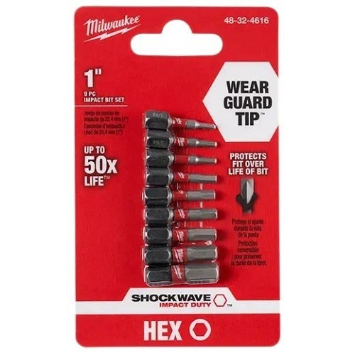 Milwaukee® 48-32-4616 Insert Bit Set, 9 Piece, 1 in L, Hex Drive, Custom Alloy76™ Steel