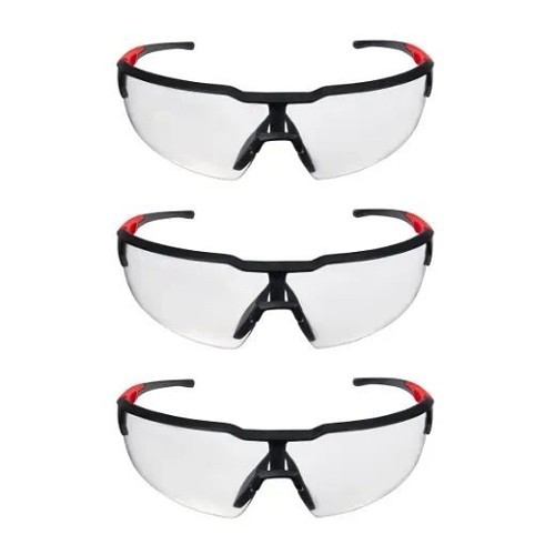 Milwaukee® 48-73-2050 Safety Glasses, Anti-Fog, Scratch-Resistant Lens Coating, Clear Lens, Half Framed, Black/Red Frame, Nylon Frame, Polycarbonate Lens, ANSI Z87.1+, CSA Z94.3, Medium