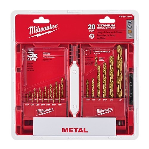Milwaukee® 48-89-1105 Drill Bit Set, SAE System of Measurement, 1/2 in Minimum Drill Bit Size, 135 deg Drill Point Angle, 20 Piece, Steel, Titanium Coated