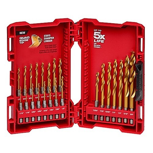 Milwaukee® 48-89-4631 Drill Bit Set, SAE System of Measurement, 1/16 in Minimum Drill Bit Size, 1/2 in Maximum Drill Bit Size, 135 deg Drill Point Angle, 23 Piece, Steel, Titanium Nitride Coated