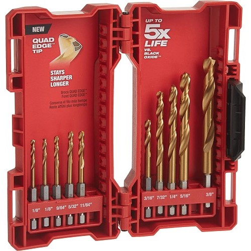 Milwaukee® 48-89-4633 Drill Bit Set, SAE System of Measurement, 3/8 in Minimum Drill Bit Size, 1/8 in Maximum Drill Bit Size, 135 deg Drill Point Angle, 10 Piece, Steel, Titanium Coated