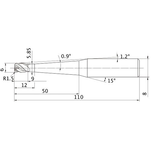 Mitsubishi 568721 End Mill, 6 mm Cutter Dia, 1.5 mm Corner Radius, 9 mm Length of Cut, 4 Flutes, 110 mm Overall Length, VF