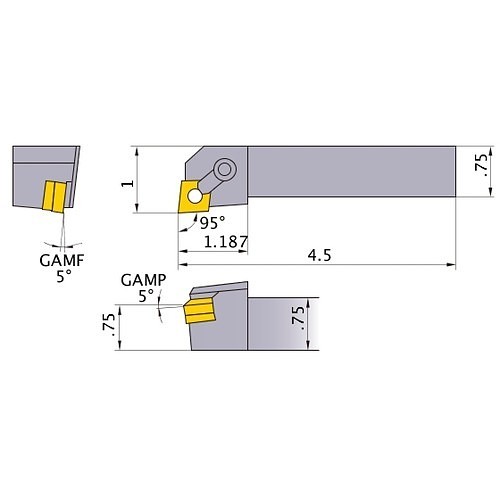 Mitsubishi Materials USA 113084 Turning Tool Holder, Right Hand Cutting, 3/4 in H x 3/4 in W Shank, 4-1/2 in Overall Length